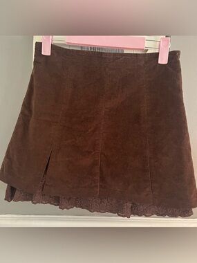 Brown Corduroy Mini Skirt with Lace Hem